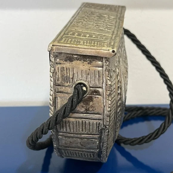 Free People Hammered Metal Bag Purse Hard Case Brass Silver Black Cord Crossbody - Picture 5 of 9